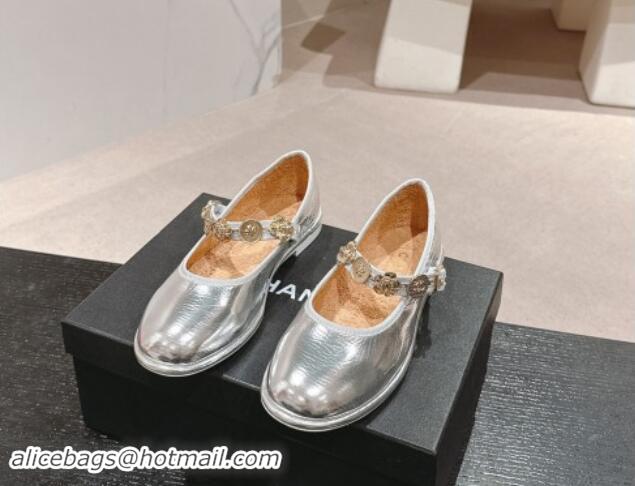 Cheap Price Chanel Metallic Calfskin Mary Janes Ballet Flat with Charm Silver 1016125