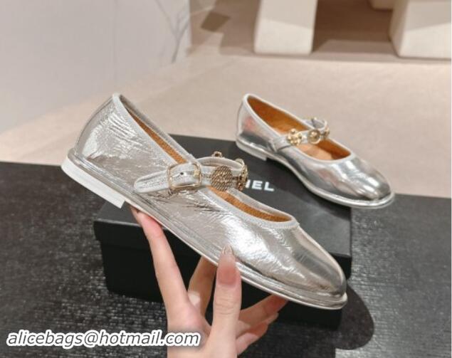 Cheap Price Chanel Metallic Calfskin Mary Janes Ballet Flat with Charm Silver 1016125