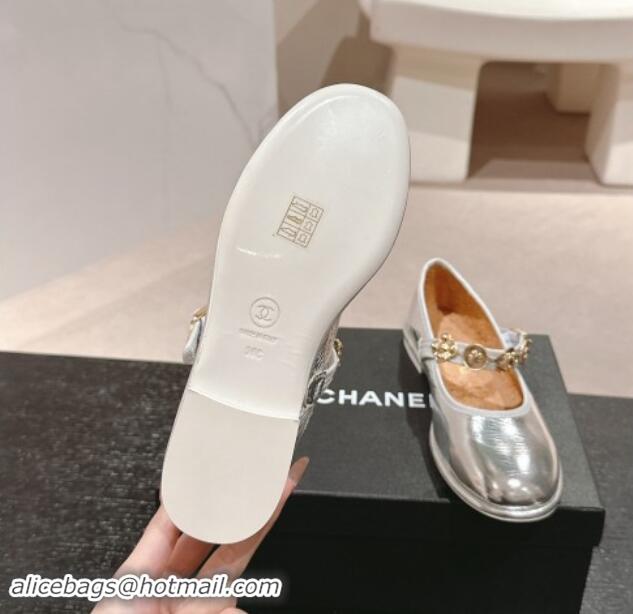 Cheap Price Chanel Metallic Calfskin Mary Janes Ballet Flat with Charm Silver 1016125