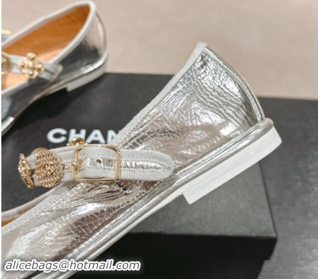 Cheap Price Chanel Metallic Calfskin Mary Janes Ballet Flat with Charm Silver 1016125