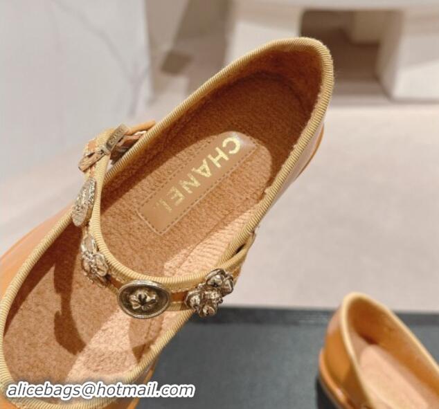 Charming Chanel Patent Calfskin Mary Janes Ballet Flat with Charm Apricot 1016126