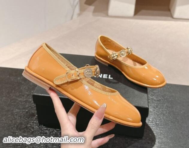 Charming Chanel Patent Calfskin Mary Janes Ballet Flat with Charm Apricot 1016126