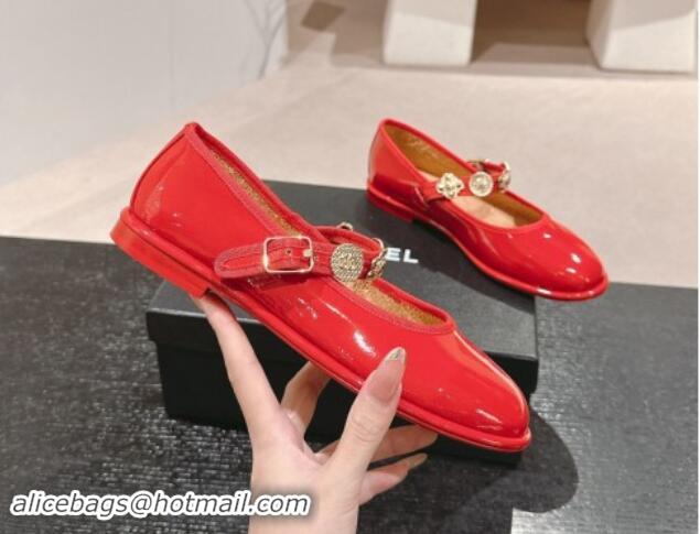 Big Discount Chanel Patent Calfskin Mary Janes Ballet Flat with Charm Red 1016127