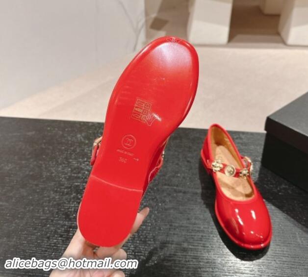 Big Discount Chanel Patent Calfskin Mary Janes Ballet Flat with Charm Red 1016127