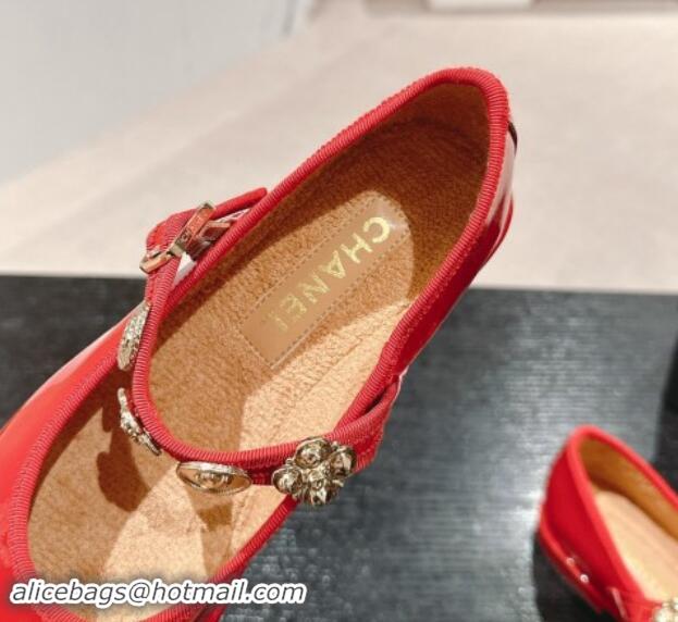 Big Discount Chanel Patent Calfskin Mary Janes Ballet Flat with Charm Red 1016127