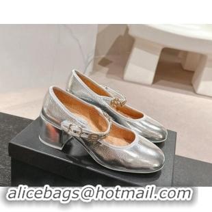 Unique Discount Chanel Metallic Calfskin Mary Janes Pumps 5cm with Charm Silver 1016128