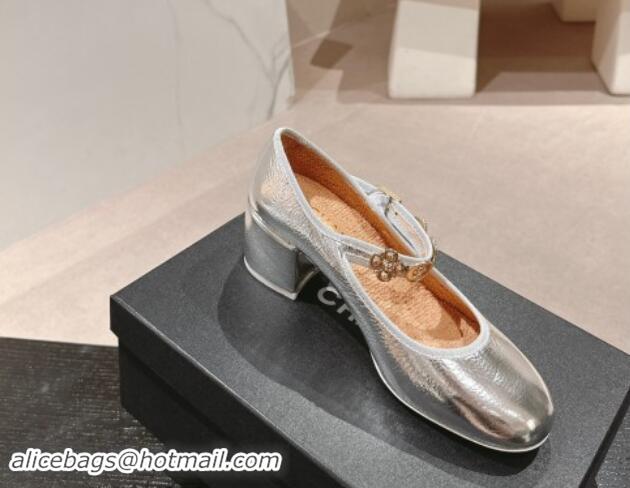 Unique Discount Chanel Metallic Calfskin Mary Janes Pumps 5cm with Charm Silver 1016128