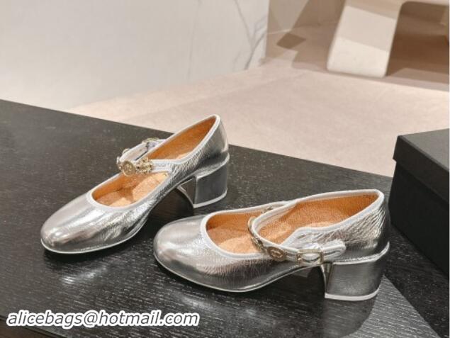 Unique Discount Chanel Metallic Calfskin Mary Janes Pumps 5cm with Charm Silver 1016128