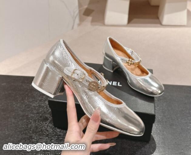 Unique Discount Chanel Metallic Calfskin Mary Janes Pumps 5cm with Charm Silver 1016128