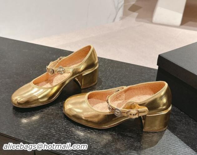 Shop Duplicate Chanel Metallic Calfskin Mary Janes Pumps 5cm with Charm Gold 1016129