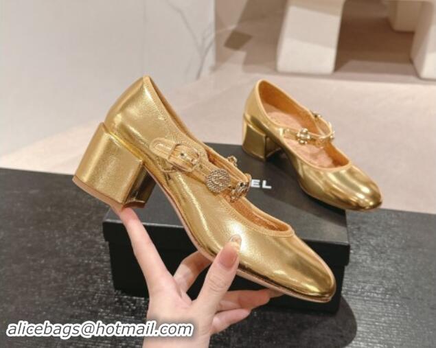 Shop Duplicate Chanel Metallic Calfskin Mary Janes Pumps 5cm with Charm Gold 1016129