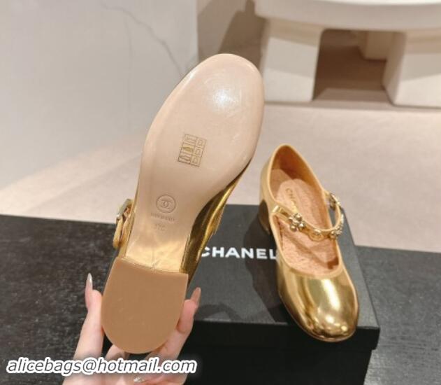 Shop Duplicate Chanel Metallic Calfskin Mary Janes Pumps 5cm with Charm Gold 1016129