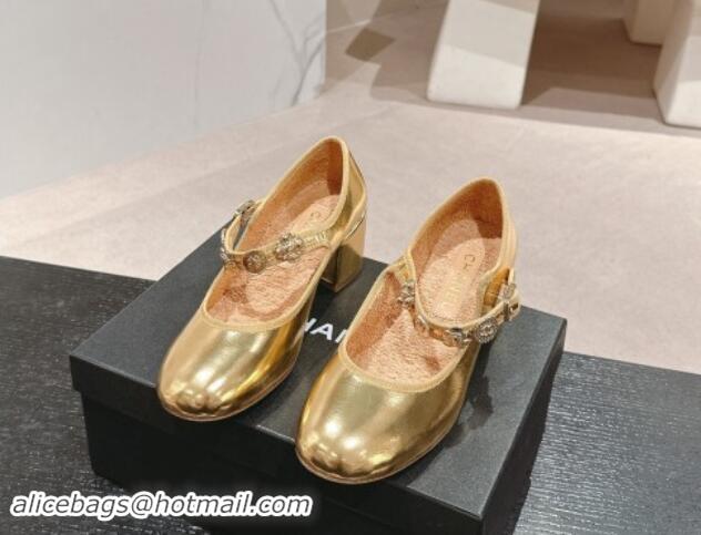 Shop Duplicate Chanel Metallic Calfskin Mary Janes Pumps 5cm with Charm Gold 1016129