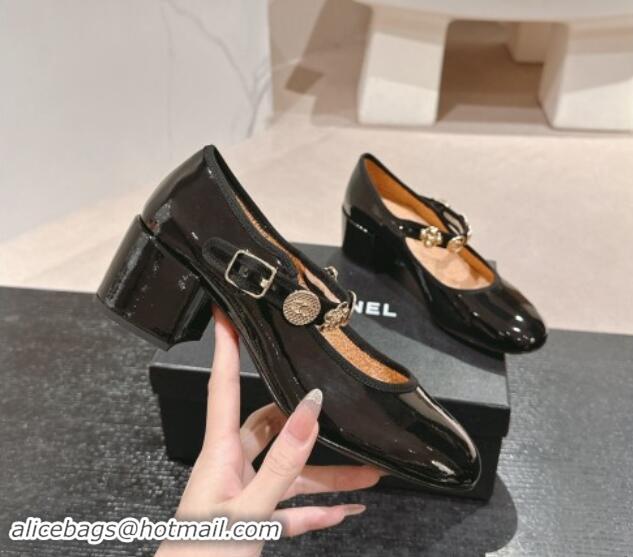 Top Grade Chanel Patent Calfskin Mary Janes Pumps 5cm with Charm Black 1016130