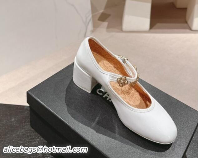 Good Looking Chanel Patent Calfskin Mary Janes Pumps 5cm with Charm White 1016131