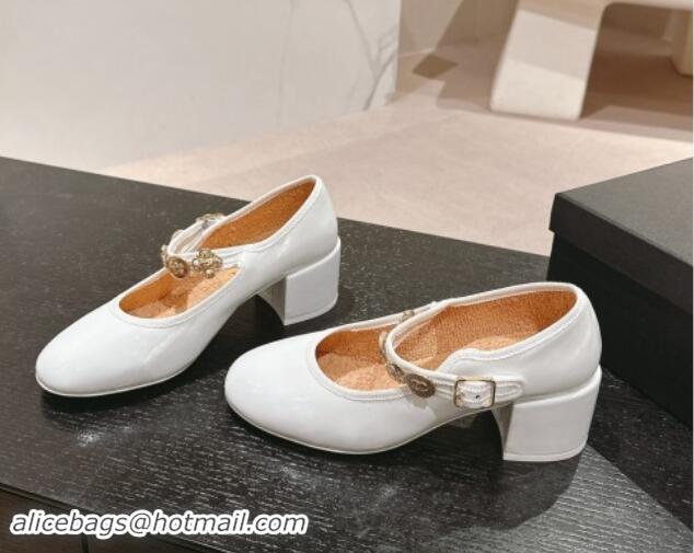 Good Looking Chanel Patent Calfskin Mary Janes Pumps 5cm with Charm White 1016131