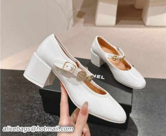 Good Looking Chanel Patent Calfskin Mary Janes Pumps 5cm with Charm White 1016131