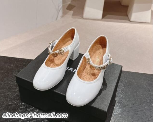 Good Looking Chanel Patent Calfskin Mary Janes Pumps 5cm with Charm White 1016131