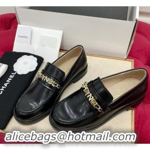 Grade Chanel Shiny Calfskin Loafers with CHANEL Chain Black 1016132