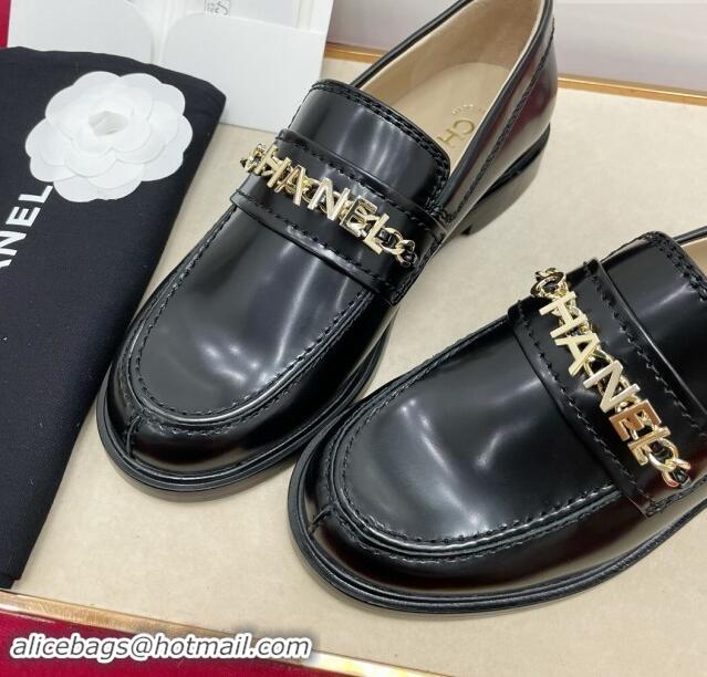 Grade Chanel Shiny Calfskin Loafers with CHANEL Chain Black 1016132