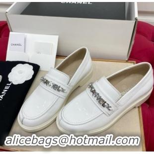 Unique Style Chanel Shiny Calfskin Loafers with CHANEL Chain White 1016133