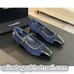 Luxury Chanel Suede Mary Janes Ballet Flats G46001 Navy Blue 1016143