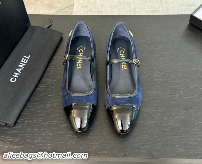 Luxury Chanel Suede Mary Janes Ballet Flats G46001 Navy Blue 1016143