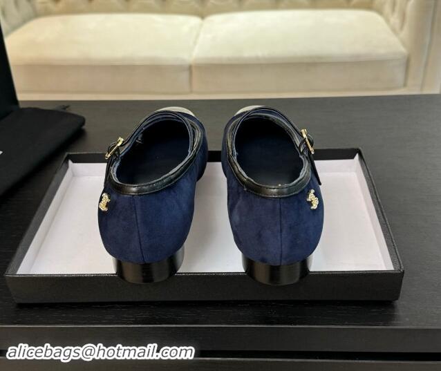 Luxury Chanel Suede Mary Janes Ballet Flats G46001 Navy Blue 1016143