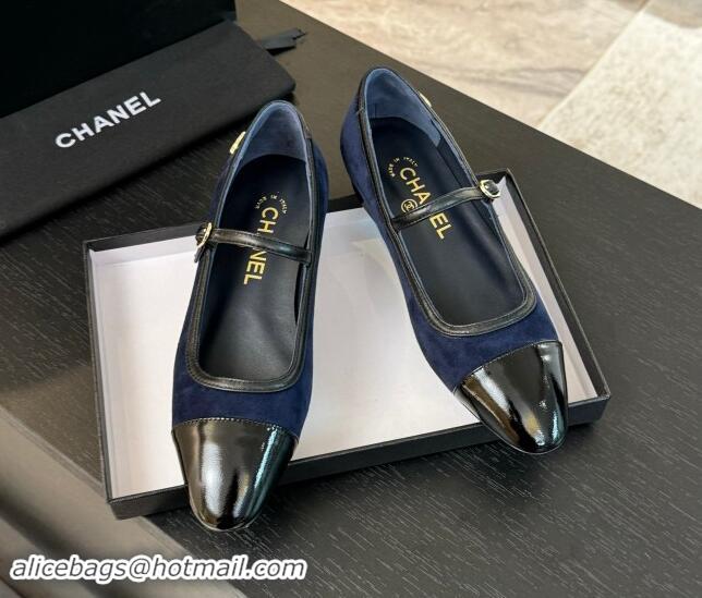 Luxury Chanel Suede Mary Janes Ballet Flats G46001 Navy Blue 1016143