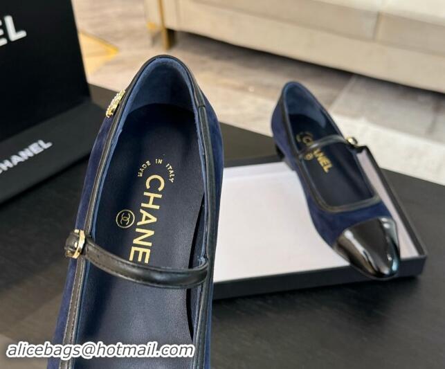 Luxury Chanel Suede Mary Janes Ballet Flats G46001 Navy Blue 1016143