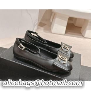 Grade Quality Chanel Calfskin Mary Janes Ballet Flats with CC Bow and Strass G46022 Black 1016148