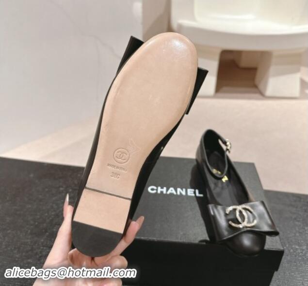 Grade Quality Chanel Calfskin Mary Janes Ballet Flats with CC Bow and Strass G46022 Black 1016148