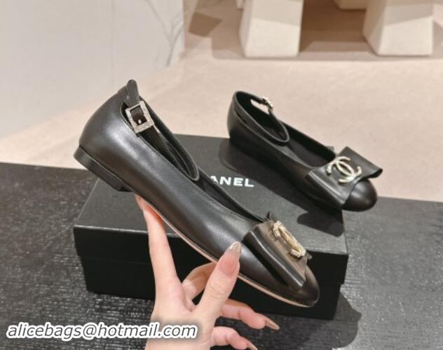 Grade Quality Chanel Calfskin Mary Janes Ballet Flats with CC Bow and Strass G46022 Black 1016148