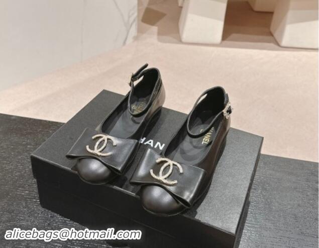 Grade Quality Chanel Calfskin Mary Janes Ballet Flats with CC Bow and Strass G46022 Black 1016148