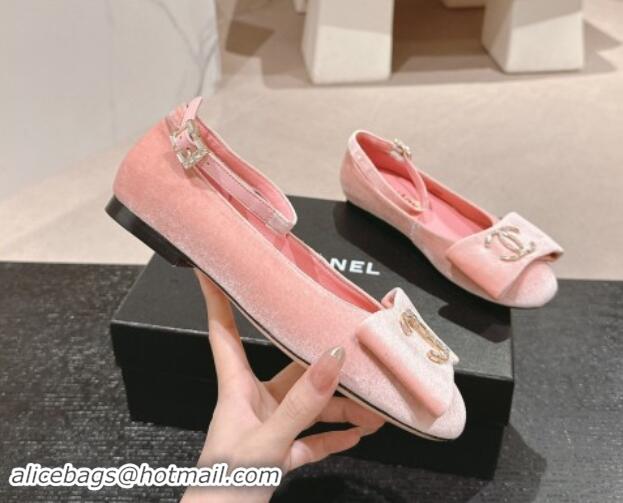 Most Popular Chanel Velvet Mary Janes Ballet Flats with CC Bow and Strass G46022 Pink 1016149