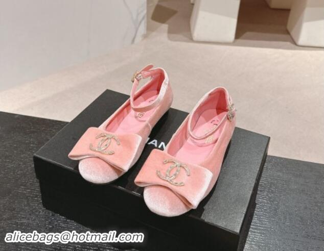 Most Popular Chanel Velvet Mary Janes Ballet Flats with CC Bow and Strass G46022 Pink 1016149