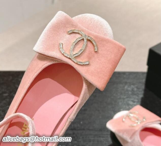 Most Popular Chanel Velvet Mary Janes Ballet Flats with CC Bow and Strass G46022 Pink 1016149