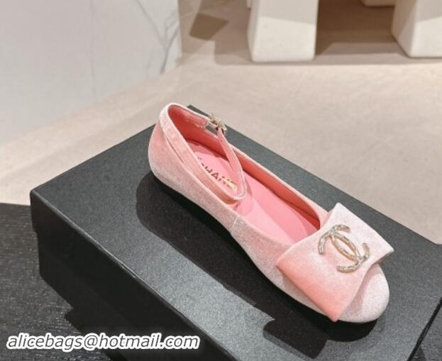 Most Popular Chanel Velvet Mary Janes Ballet Flats with CC Bow and Strass G46022 Pink 1016149