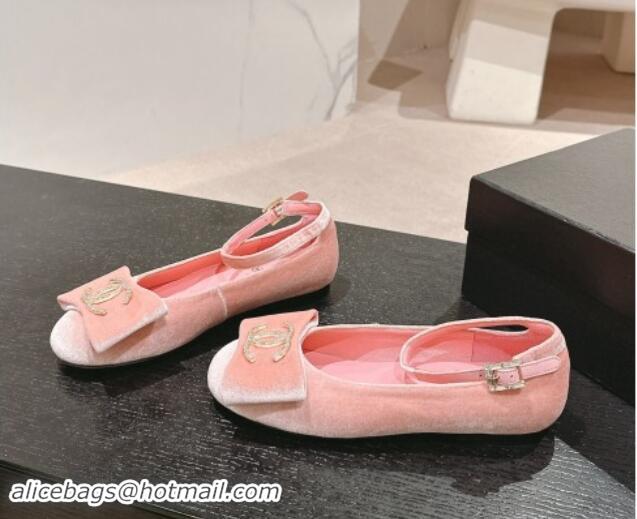 Most Popular Chanel Velvet Mary Janes Ballet Flats with CC Bow and Strass G46022 Pink 1016149