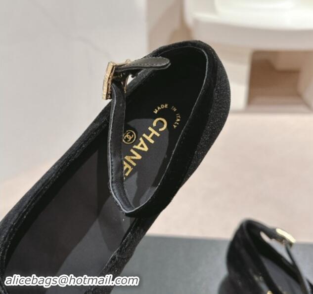 Best Grade Chanel Velvet Mary Janes Ballet Flats with CC Bow and Strass G46022 Black 1016150