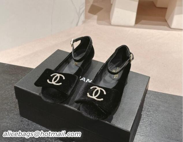 Best Grade Chanel Velvet Mary Janes Ballet Flats with CC Bow and Strass G46022 Black 1016150