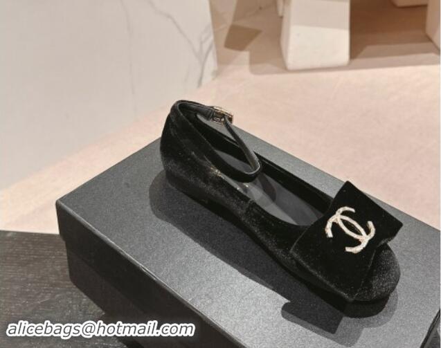 Best Grade Chanel Velvet Mary Janes Ballet Flats with CC Bow and Strass G46022 Black 1016150