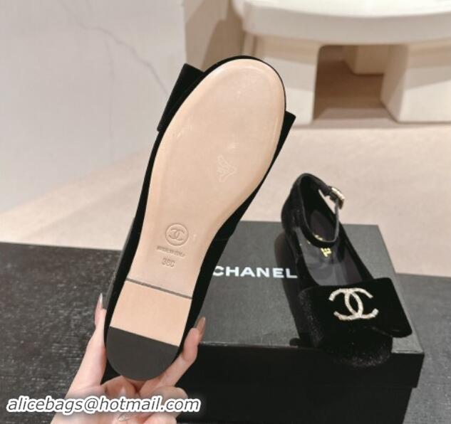 Best Grade Chanel Velvet Mary Janes Ballet Flats with CC Bow and Strass G46022 Black 1016150