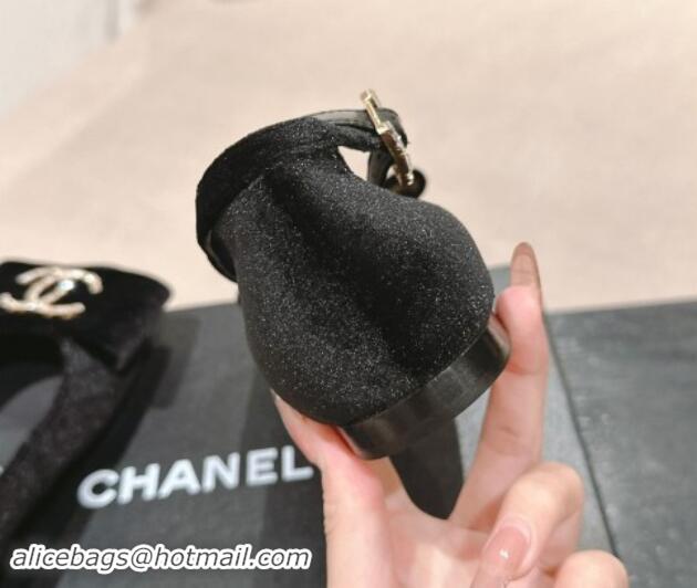 Best Grade Chanel Velvet Mary Janes Ballet Flats with CC Bow and Strass G46022 Black 1016150