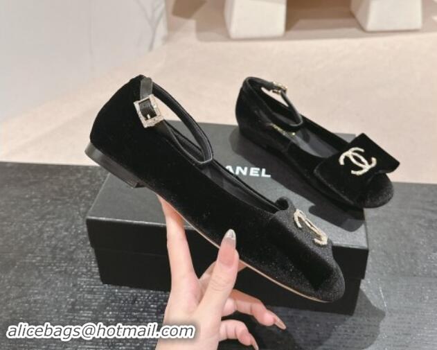 Best Grade Chanel Velvet Mary Janes Ballet Flats with CC Bow and Strass G46022 Black 1016150