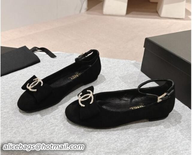 Classic Hot Chanel Suede Mary Janes Ballet Flats with CC Bow and Strass G46022 Black 1016151