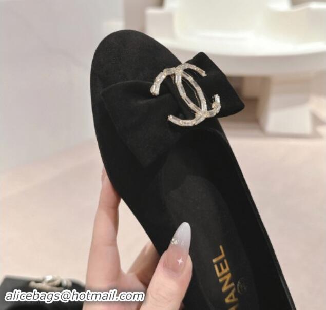 Classic Hot Chanel Suede Mary Janes Ballet Flats with CC Bow and Strass G46022 Black 1016151