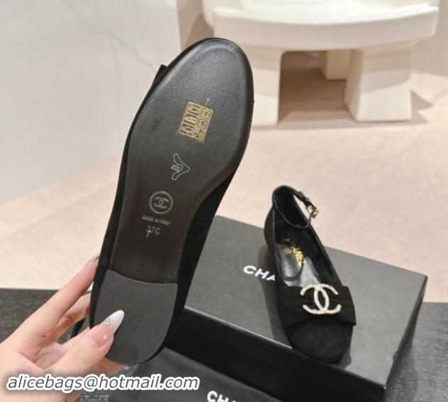 Classic Hot Chanel Suede Mary Janes Ballet Flats with CC Bow and Strass G46022 Black 1016151