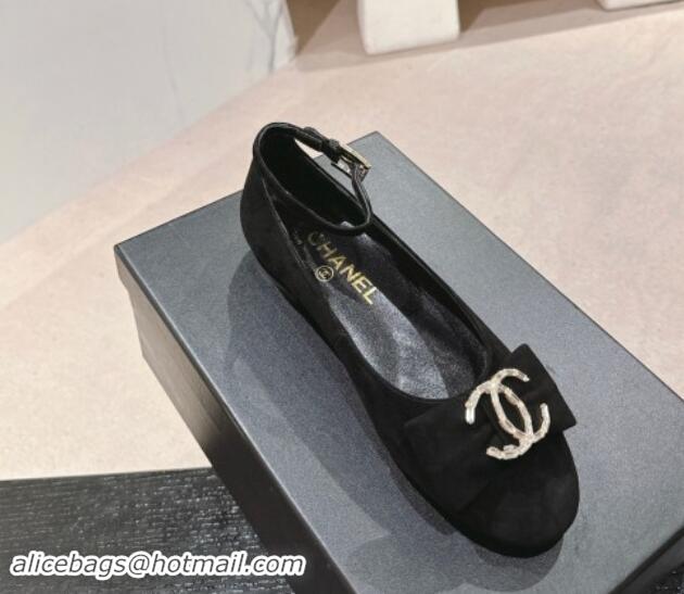 Classic Hot Chanel Suede Mary Janes Ballet Flats with CC Bow and Strass G46022 Black 1016151