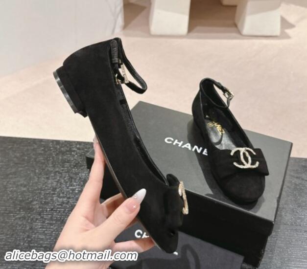 Classic Hot Chanel Suede Mary Janes Ballet Flats with CC Bow and Strass G46022 Black 1016151